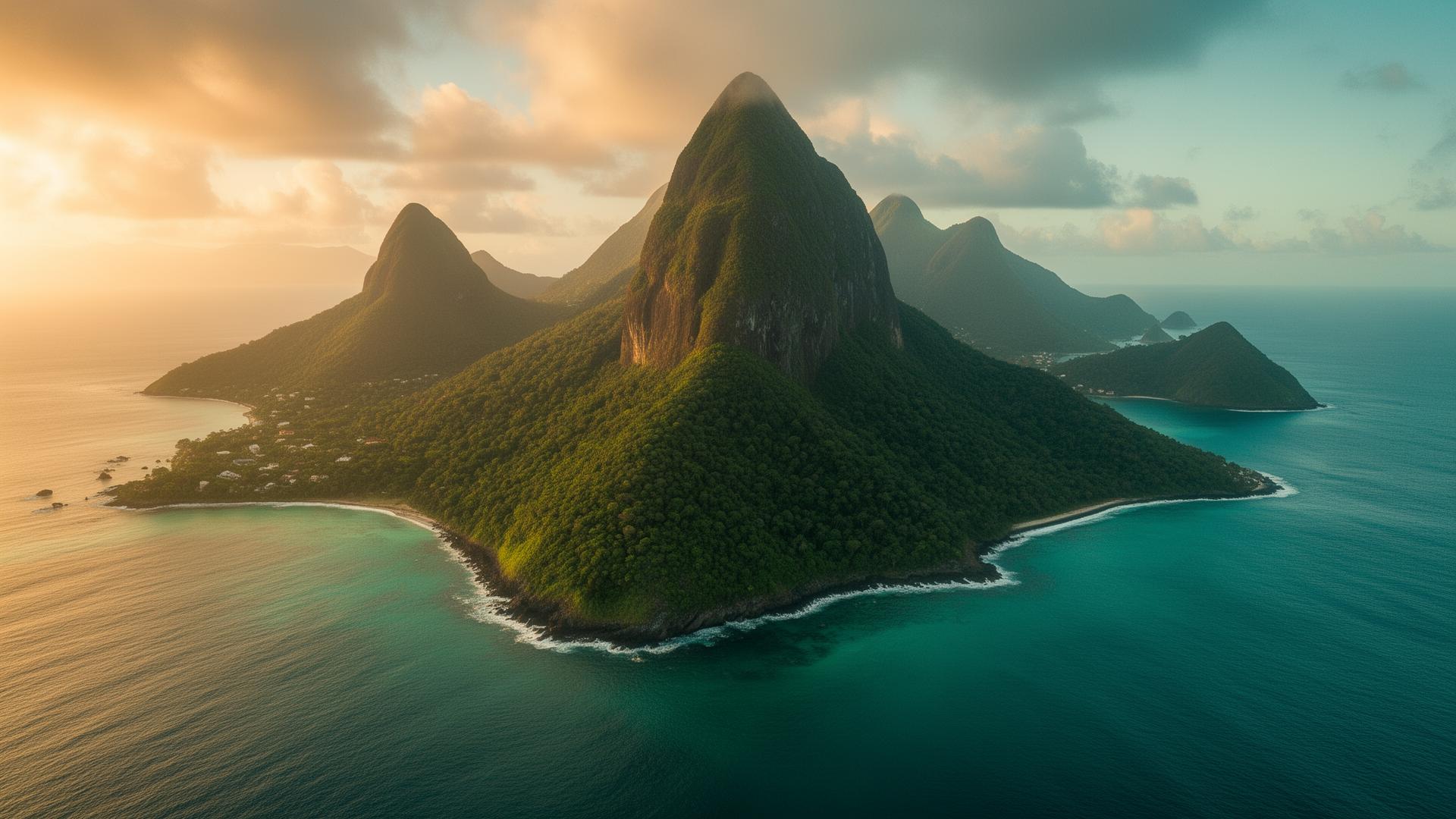 Saint Lucia's Pitons rising from the Caribbean Sea at golden hour