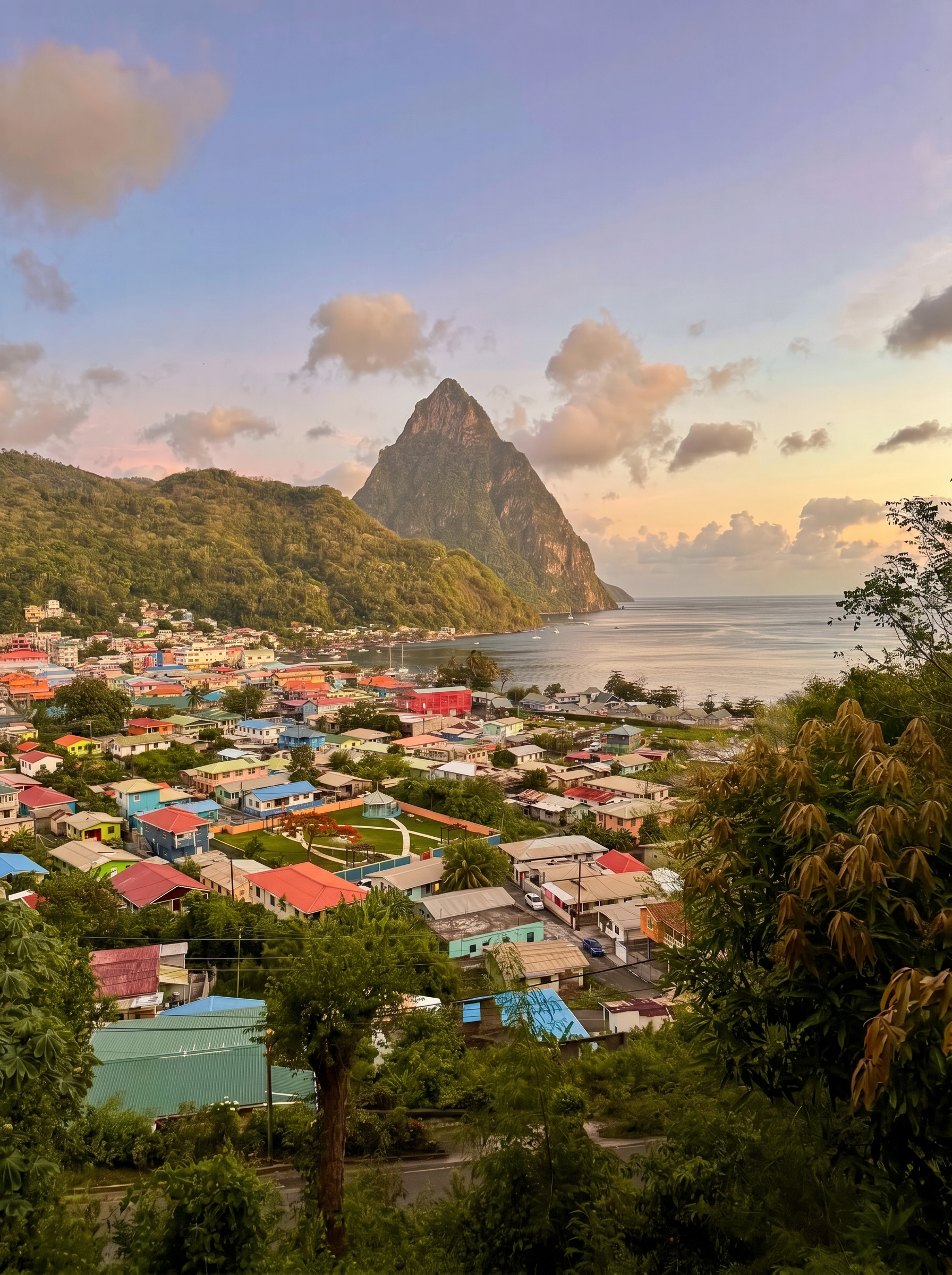 Soufrière at sunset with the Piton behind